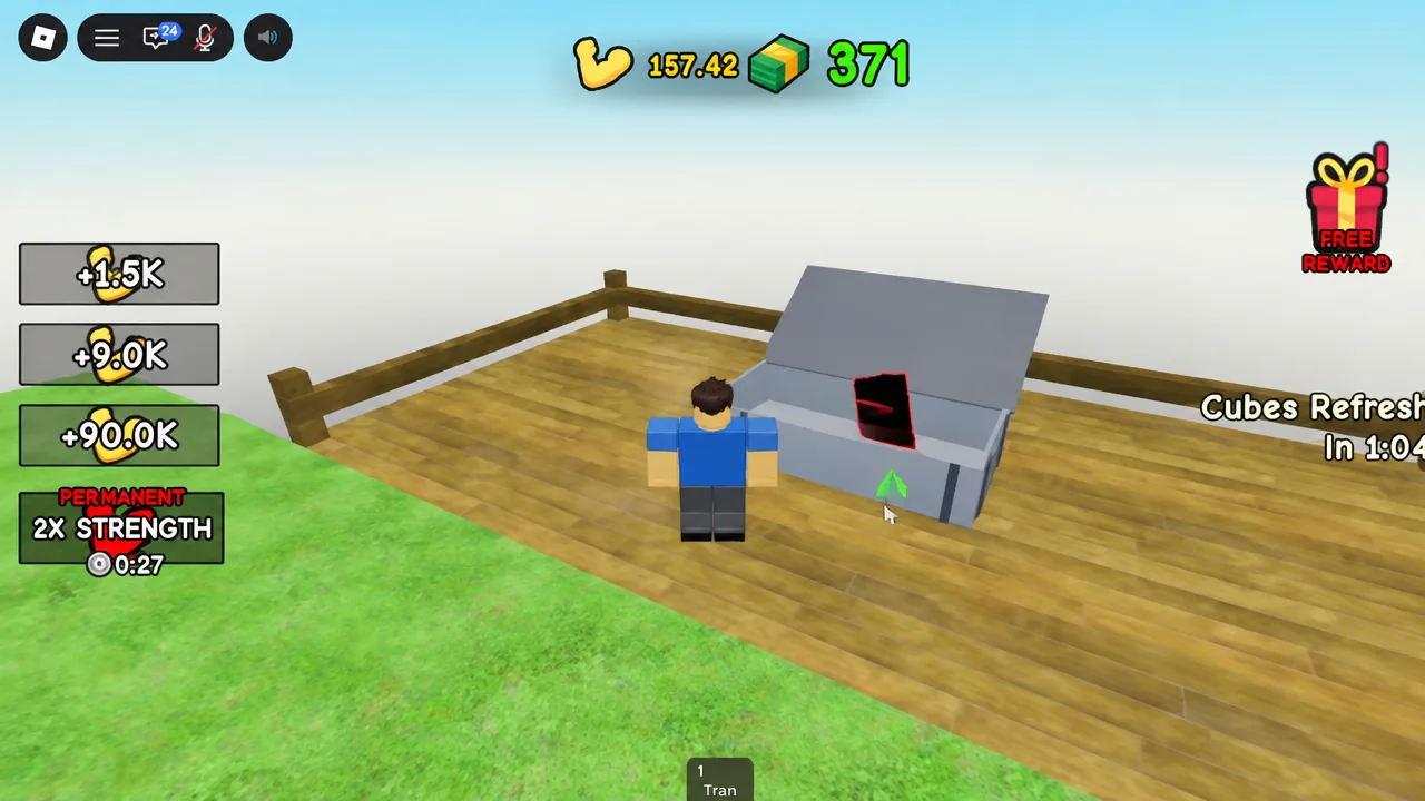Avatar walking up to the gray Arm Materials Chest with a green interaction arrow above it