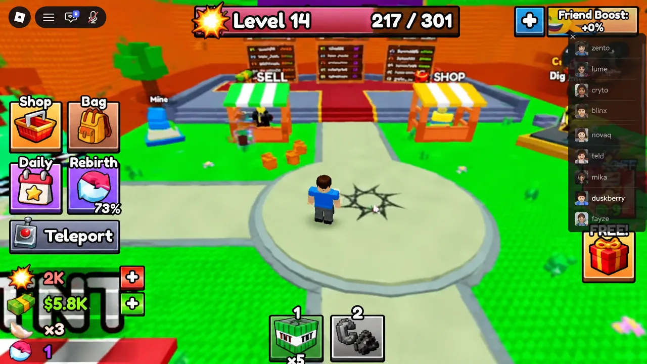 Player standing in the lobby plaza in front of the SELL and SHOP stalls