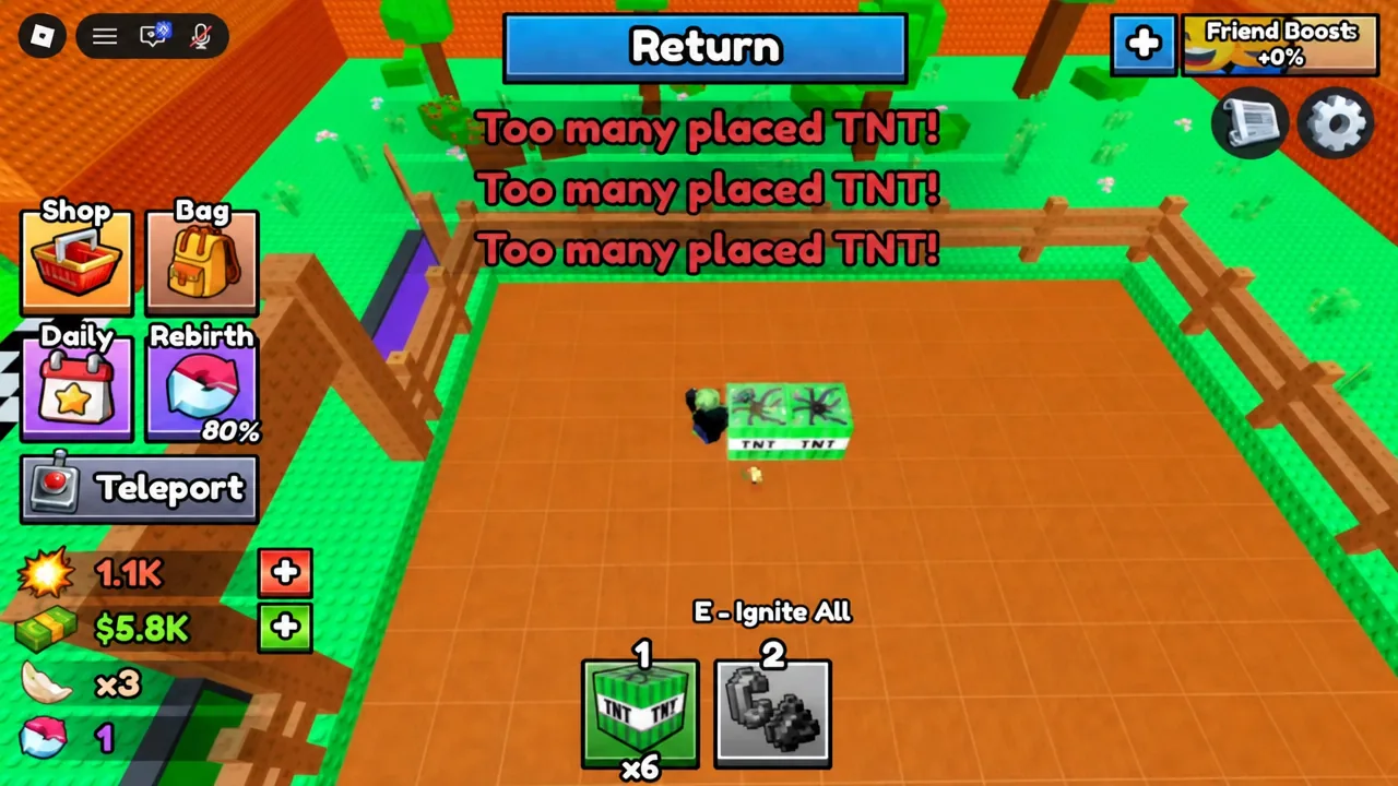 TNT blocks placed on the mine wall with a red placement-limit warning above the player