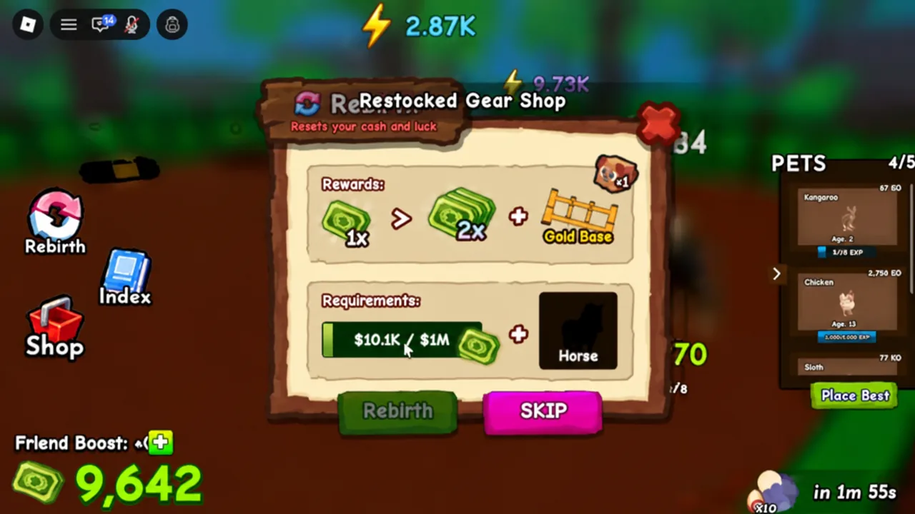 The Ride A Pet rebirth dialog listing the cash requirement with the Rebirth button available