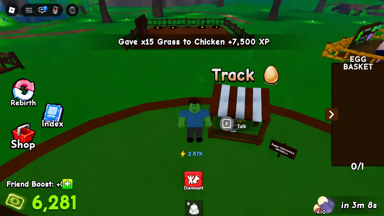 The E Talk prompt appearing at the Track stall in Ride A Pet before opening the Eggs in World list