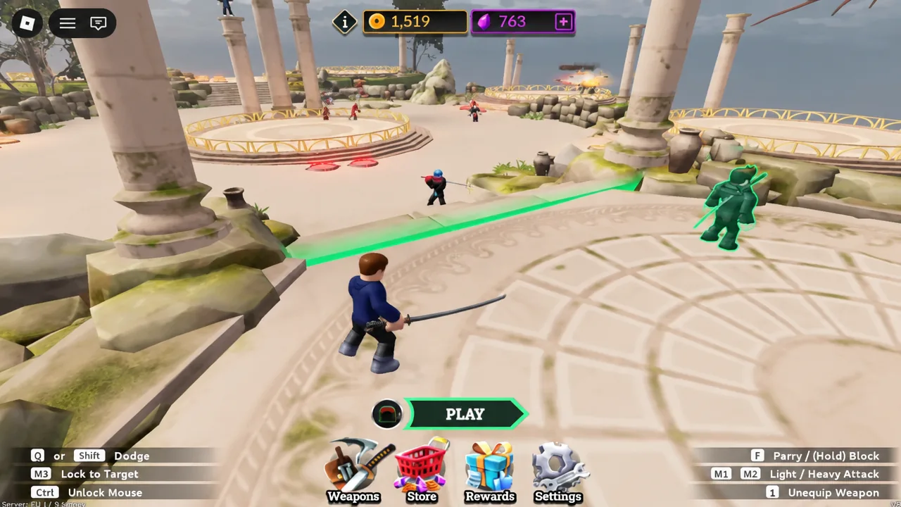 Dueling Grounds lobby with the PLAY button highlighted to queue into a duel