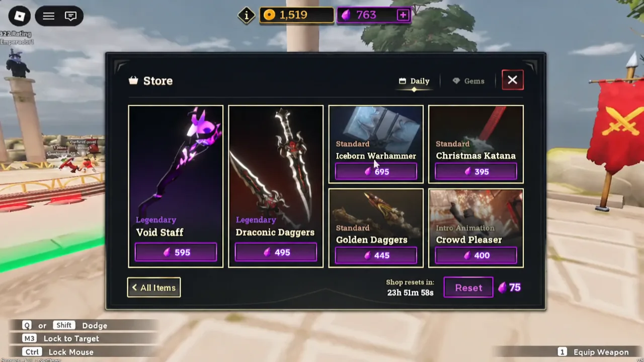 Dueling Grounds Store on the Daily tab showing rotating weapon and animation items