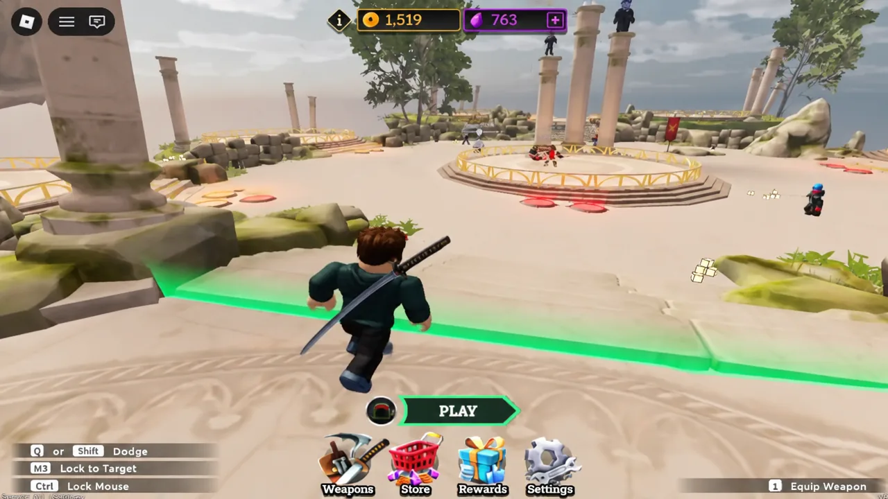 Dueling Grounds screen with menus closed and the PLAY button highlighted after redeeming codes