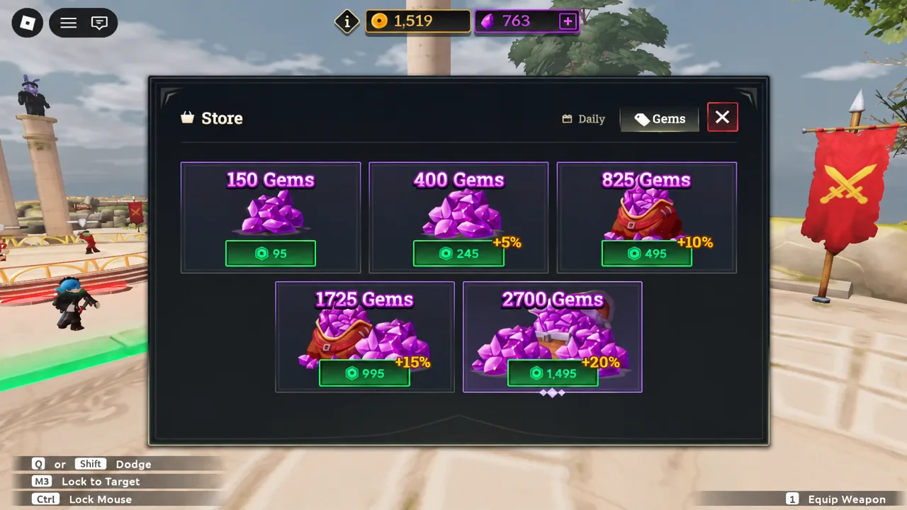 Gems tab in the Dueling Grounds Store listing gem bundles available for Robux