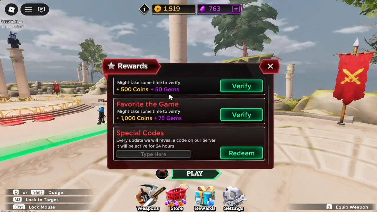 Rewards menu open in Dueling Grounds with the Verify button highlighted during a reward check
