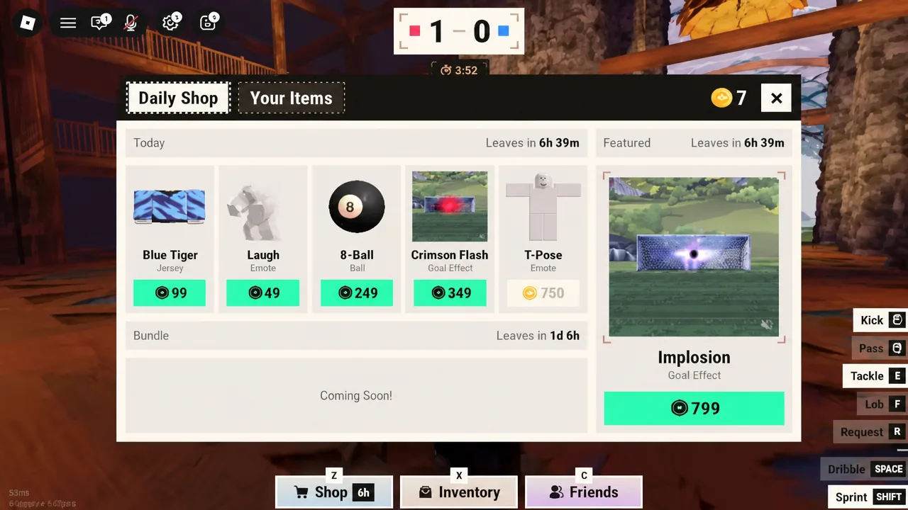 Daily Shop tab open in Illegal Soccer showing rotating cosmetics including the Implosion goal effect
