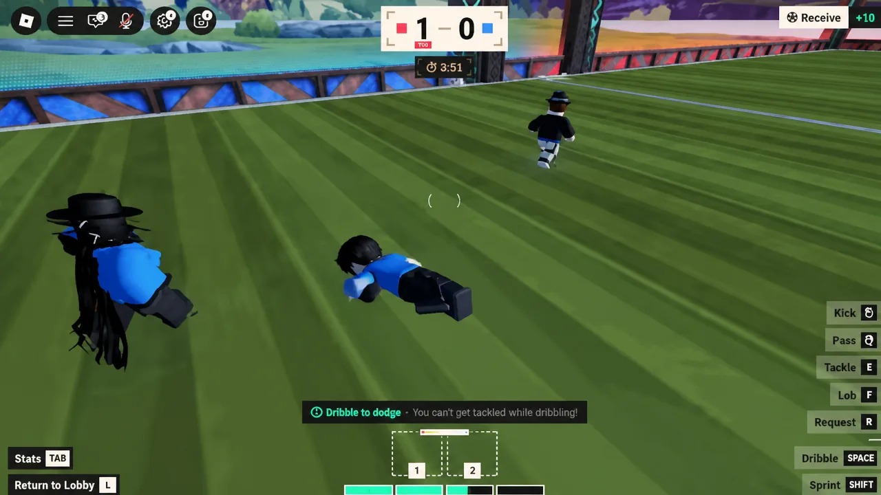 On-screen Dribble to dodge prompt highlighted as the player avoids an incoming tackle