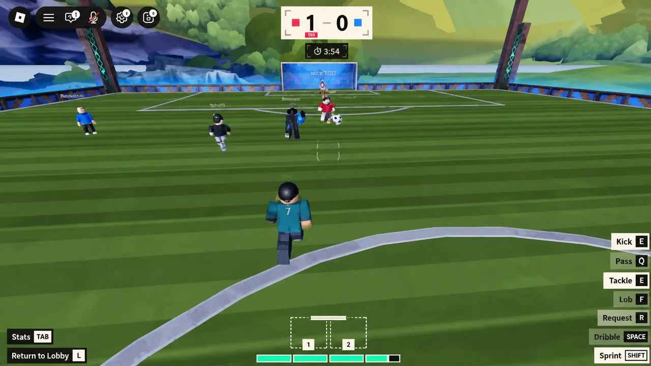Player running toward the loose ball in an Illegal Soccer match with the control prompts on screen