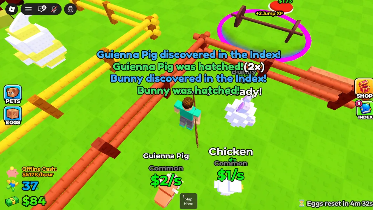 Discovery banners for the Guienna Pig and Bunny appear on screen next to the Pets and Eggs buttons