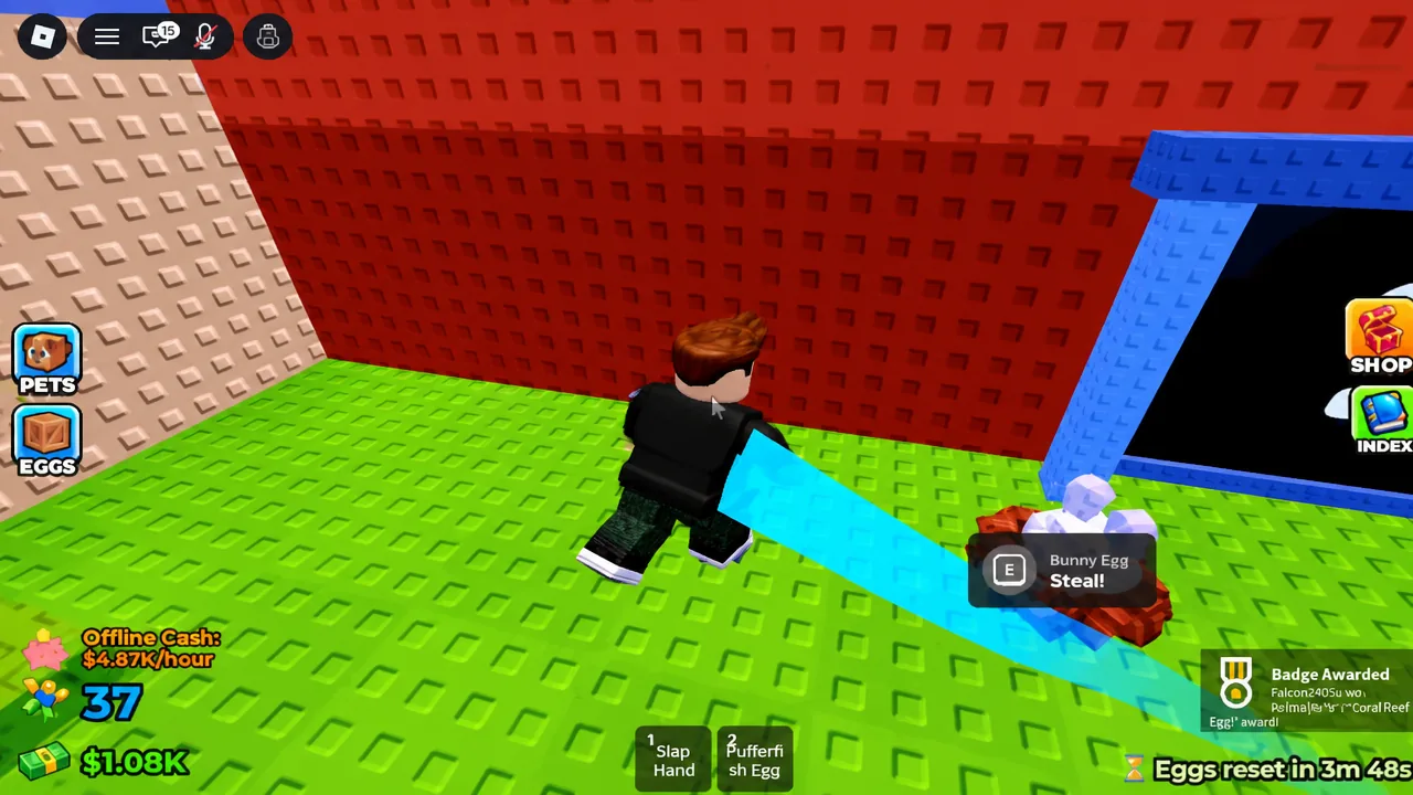 An egg pedestal showing the E Steal prompt as the player takes the egg