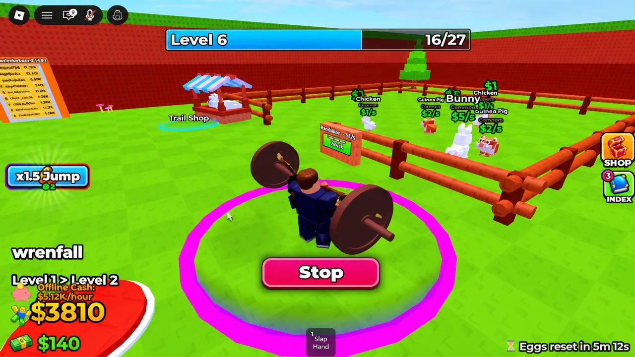 Avatar lifting a barbell at Level 6 with the Stop button highlighted on screen
