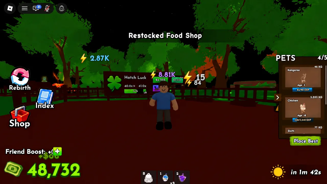 Pets panel showing equipped pets and the Place Best button, with a Restocked Food Shop banner on screen