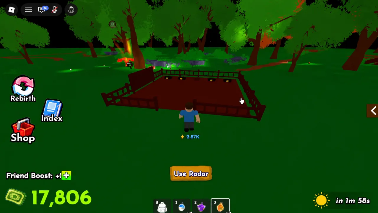 The Use Radar button on screen as the player rides past a fenced platform in the forest area