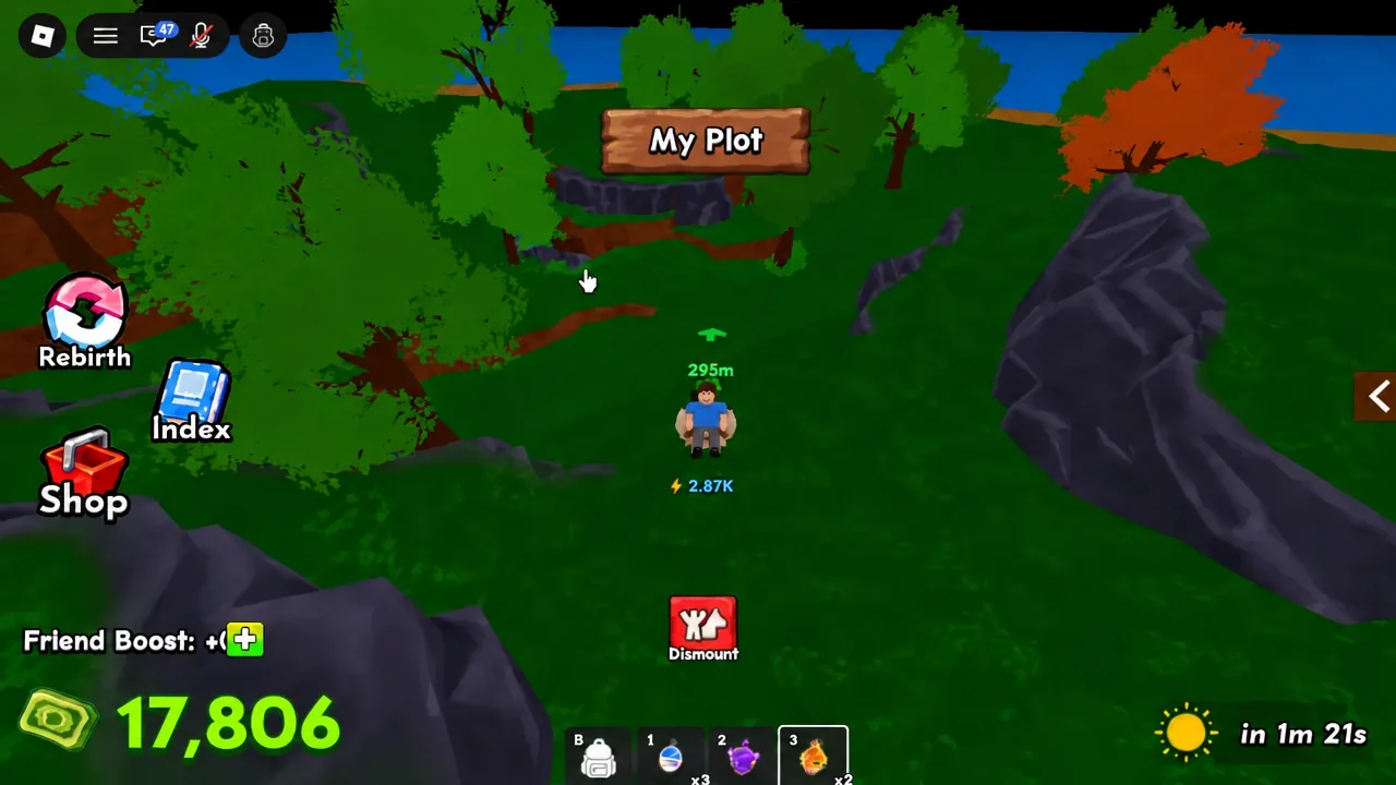 Player riding toward the entrance of their ranch, marked by a My Plot sign