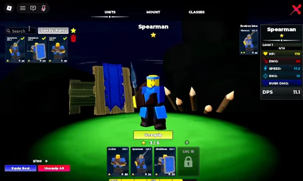 Units menu showing the Spearman's stats with the yellow Unequip button