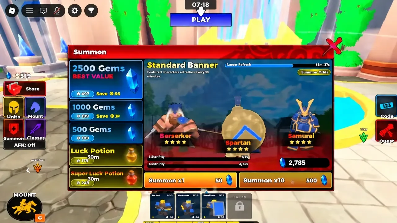 Summon menu with the Summon x10 button selected on the Standard Banner