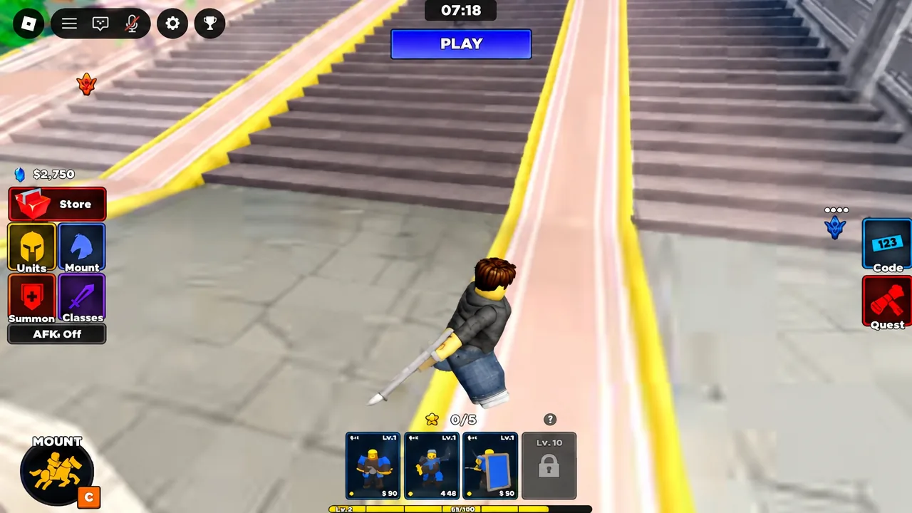 Blue PLAY button highlighted on the main screen, ready to start a match