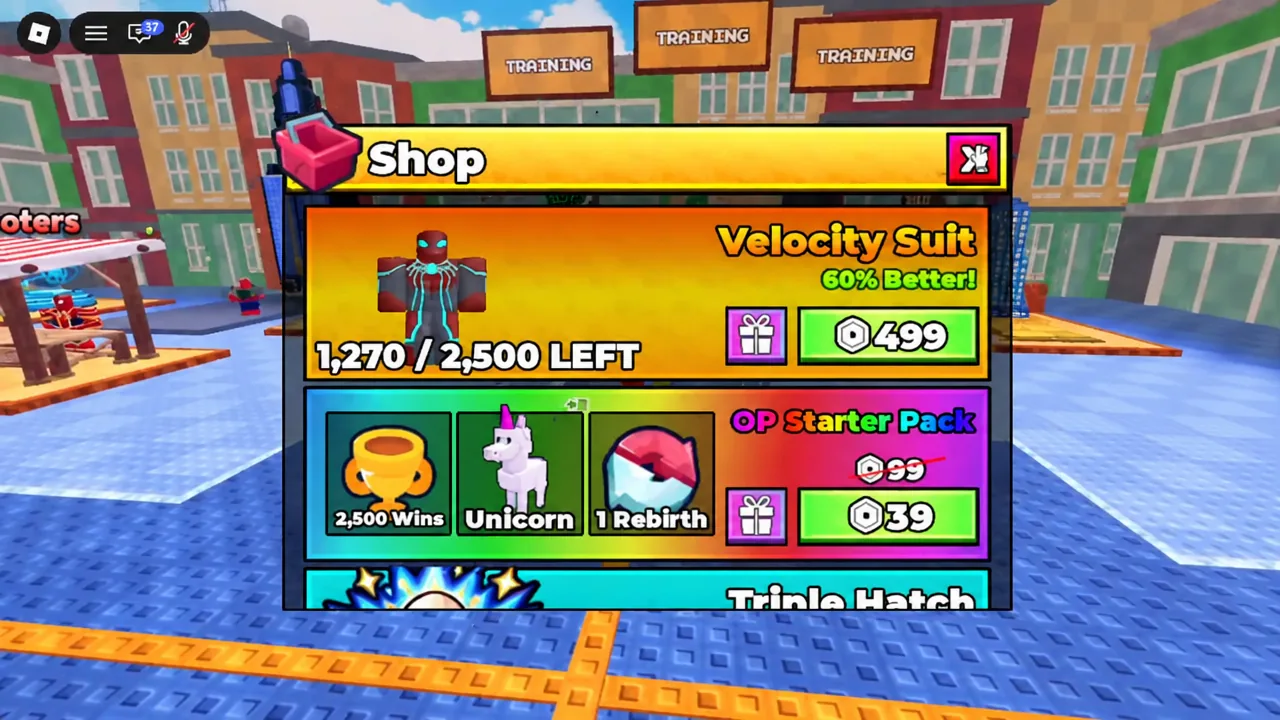 Shop menu displaying the Velocity Suit offer with a green 499 Robux purchase button