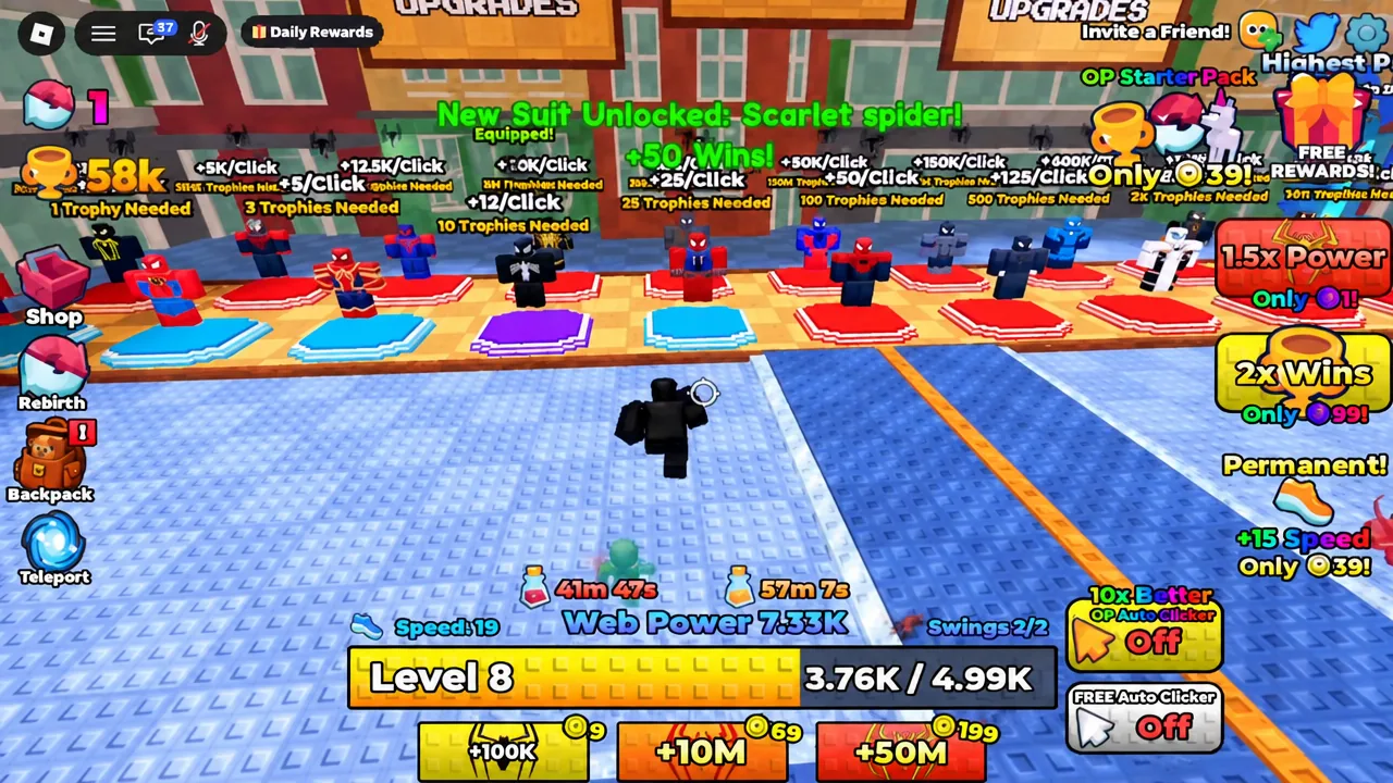 Upgrades screen showing the green New Suit Unlocked notice for Scarlet spider