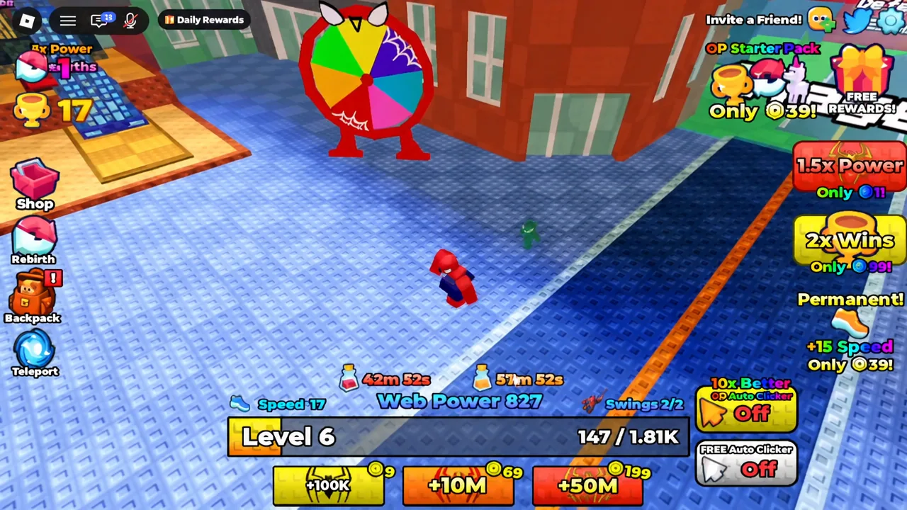 Player walking toward the colorful Spin Wheel with Level 6 progress and 827 Web Power on screen