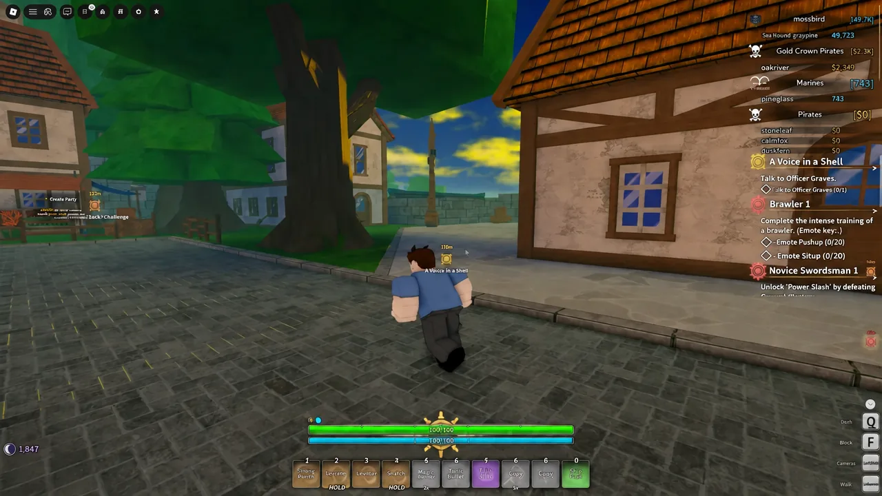 Running through town toward a glowing quest marker on the way to the docks