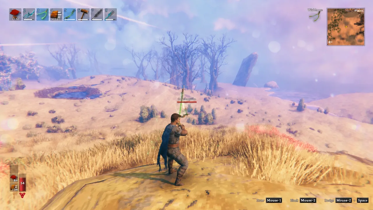 Player drawing a glowing green bow and firing a single arrow at an incoming Deathsquito