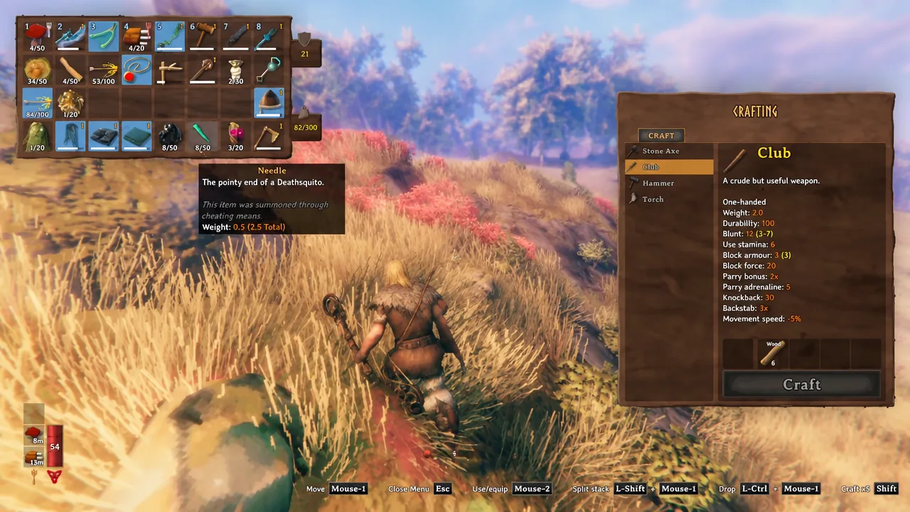 The Valheim crafting screen open at a workbench with an item selected and the Craft button available