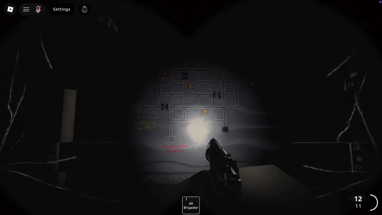 Flashlight lighting up a wall map showing the Auxiliary Control and Floodwater Control labels