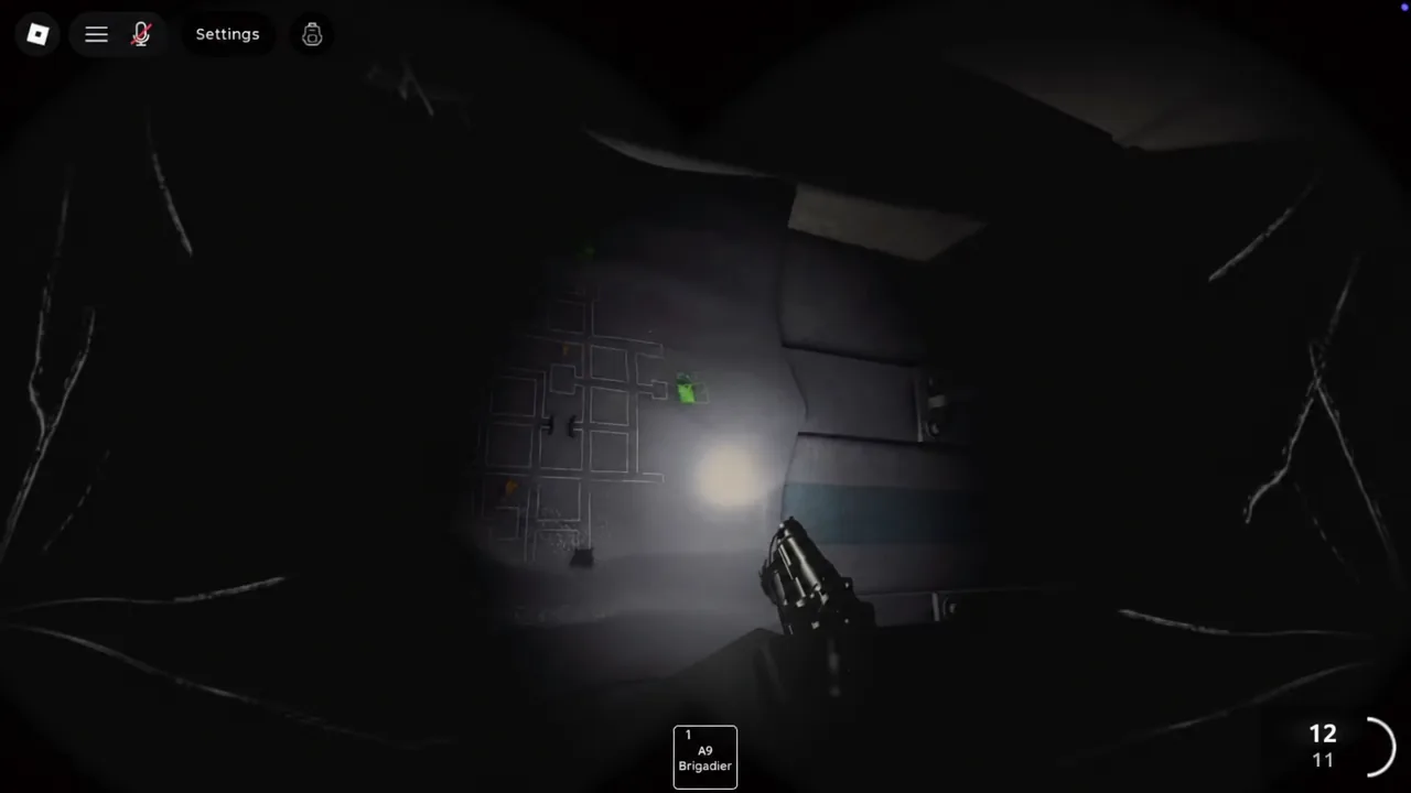 Player sweeping a tunnel wall with the A9 Brigadier flashlight while searching for a symbol