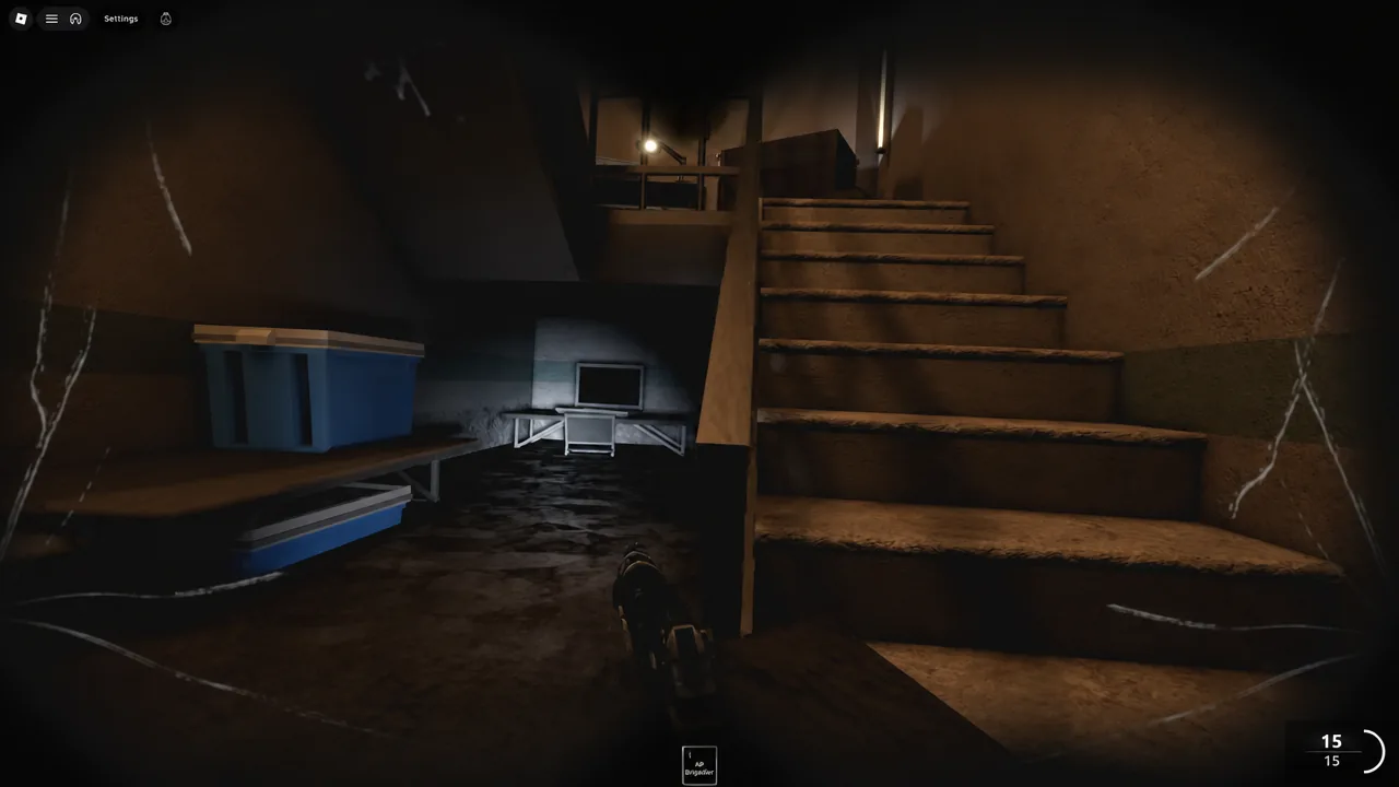 Settings label on screen while the player aims a pistol toward a dark tunnel stairwell