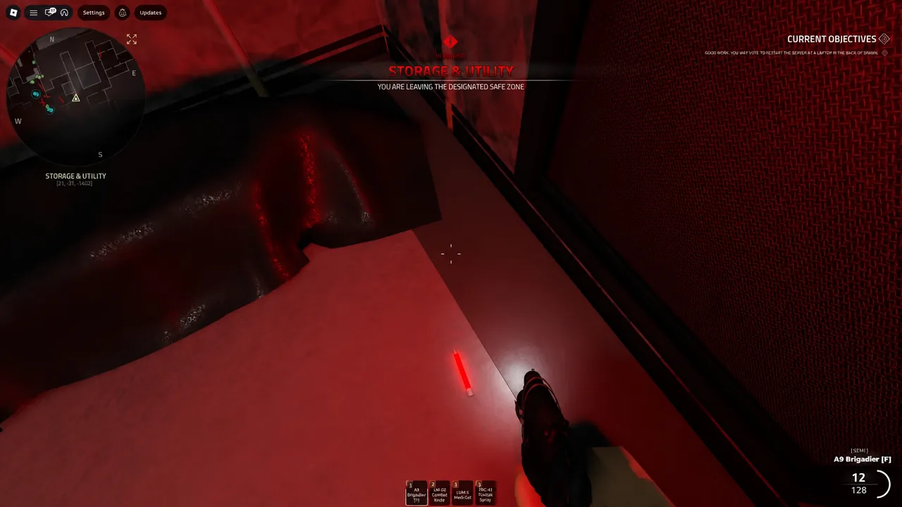 Storage and Utility corridor with a red banner warning the player is leaving the safe zone
