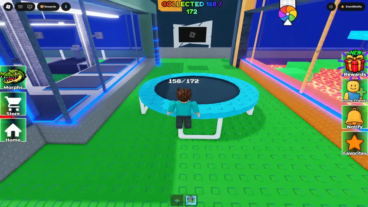 Avatar standing on the blue trampoline with the collected morph counter visible on screen