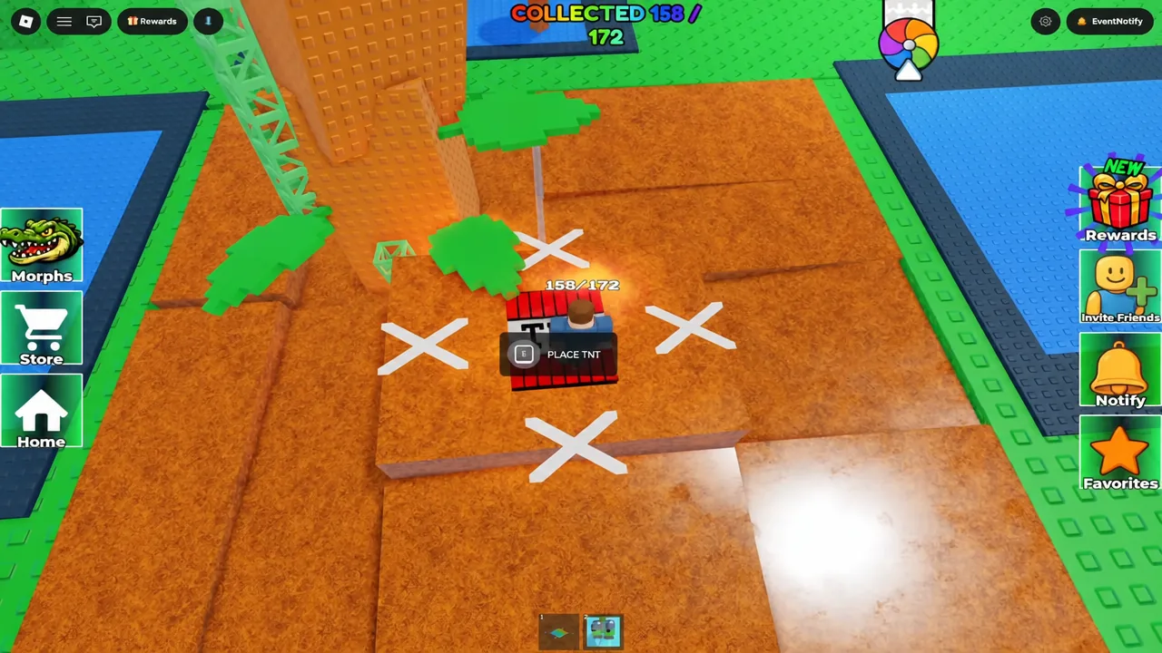 The PLACE TNT prompt on screen as the player lines the explosive up with the marked dirt patch