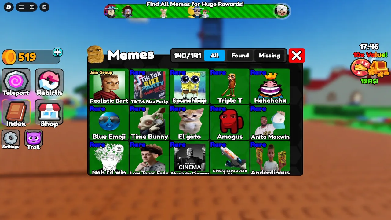 The Memes index with the All tab open, showing collected memes and the running total out of 141