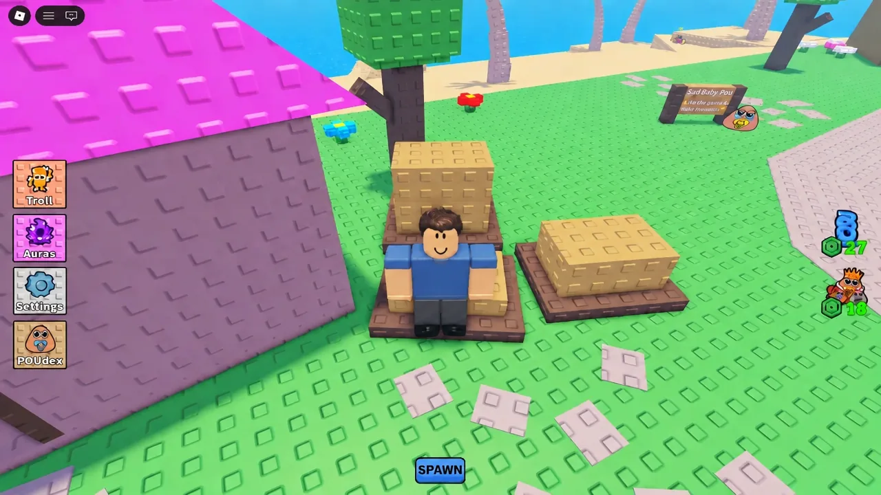 Find the Pou Babies spawn area with the house and pedestals, Spawn button at the bottom of the screen