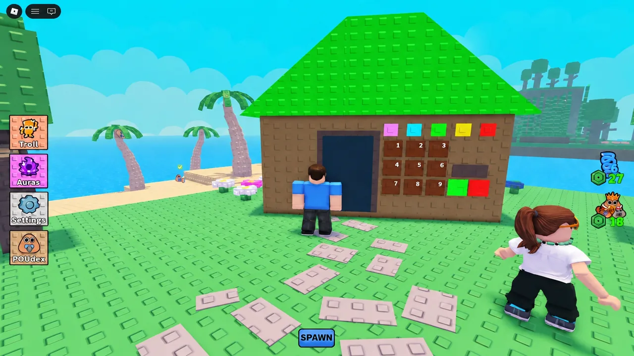 Colored square buttons on the exterior house wall in Find the Pou Babies