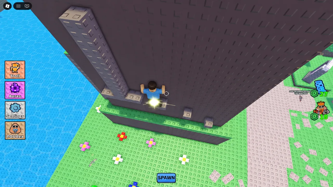 Roblox avatar climbing the exterior ledges of the tower toward a glowing collectible
