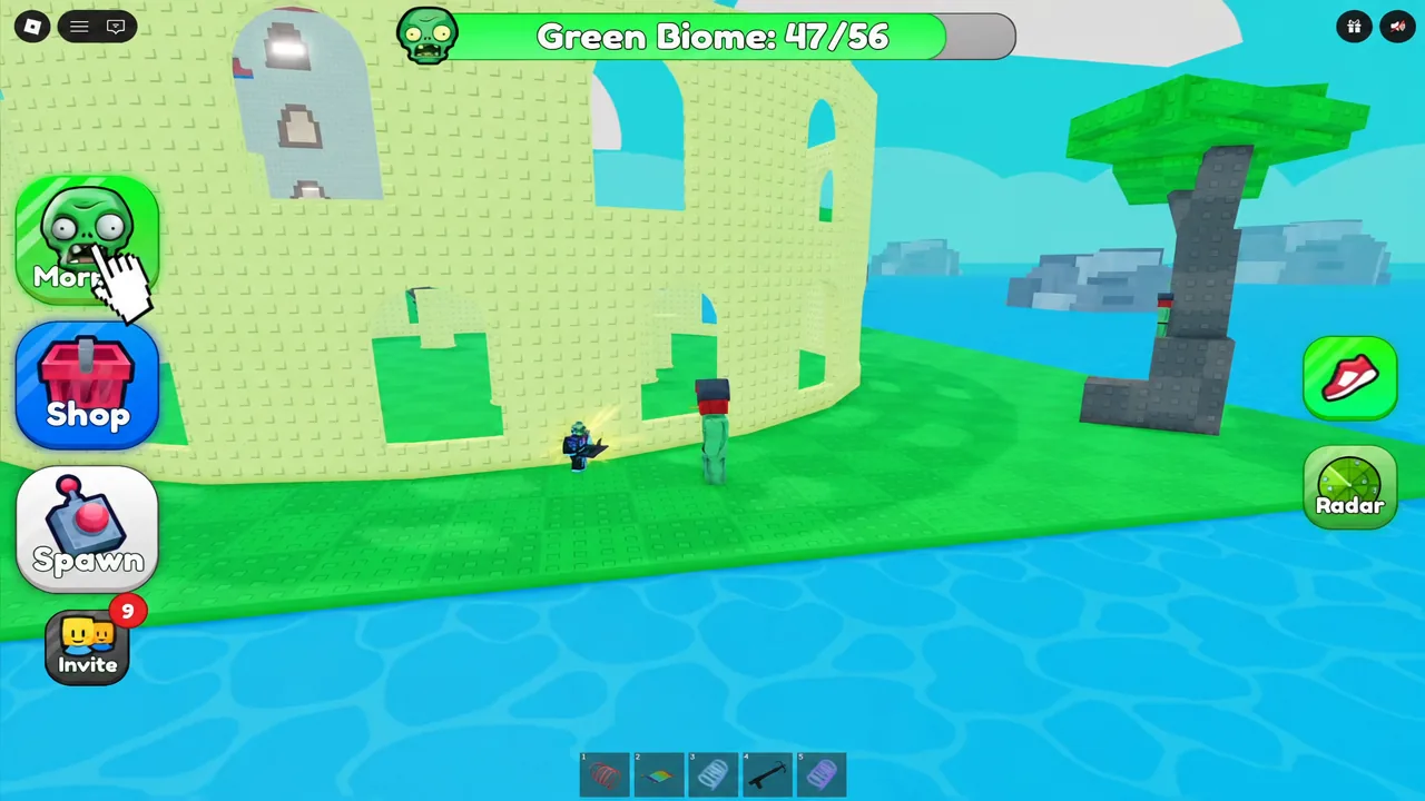 Green Biome gameplay with the More button highlighted by the cursor on the side menu