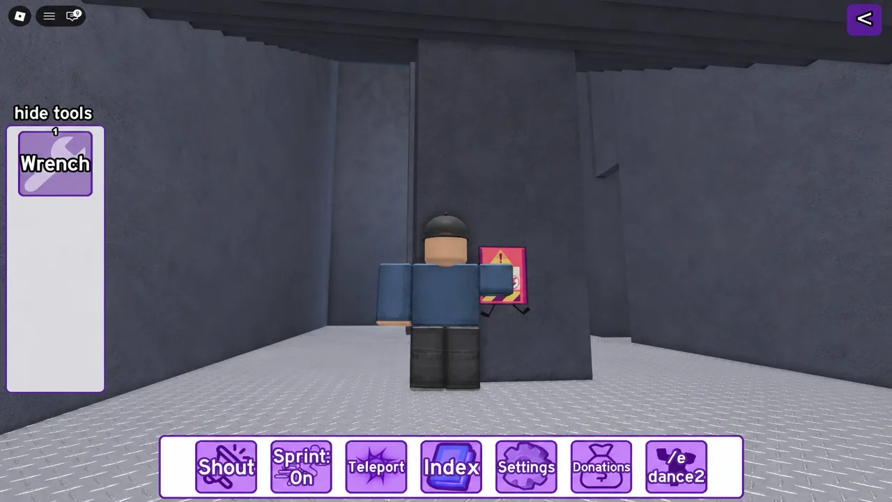 Wrench tool highlighted in the hide tools panel next to a warning-marked object