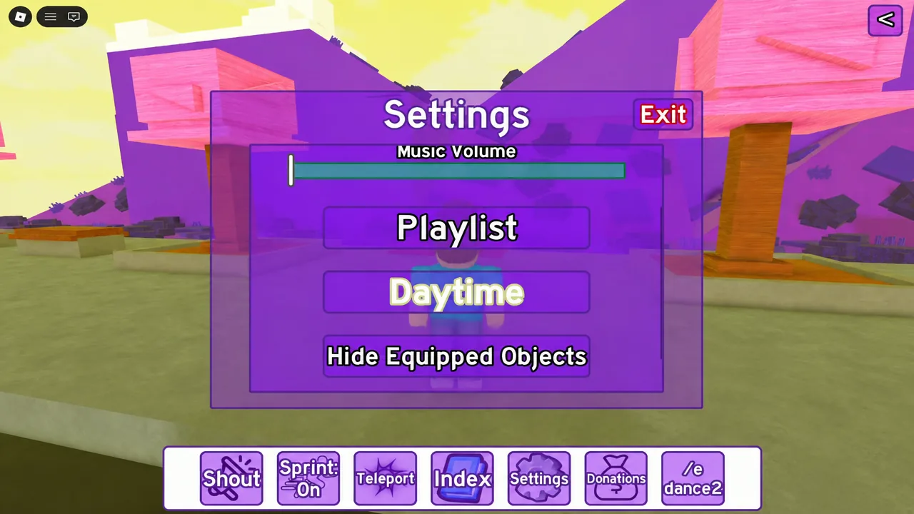 In-game settings menu open with the Music Volume slider being adjusted