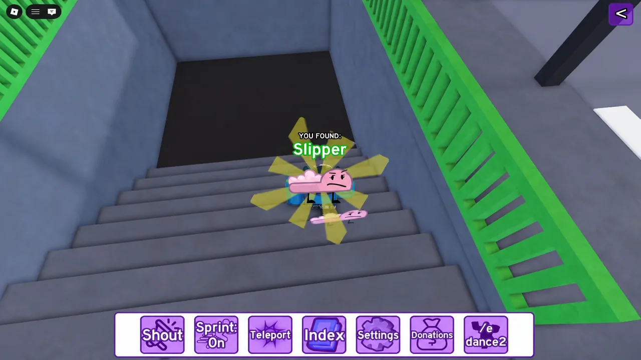 Slipper collected on the Subway entrance stairs with the YOU FOUND banner on screen