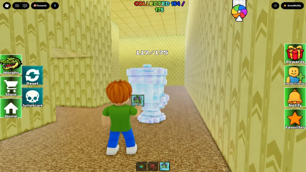 Avatar touching the translucent toilet-shaped collectible at the top of the block tower