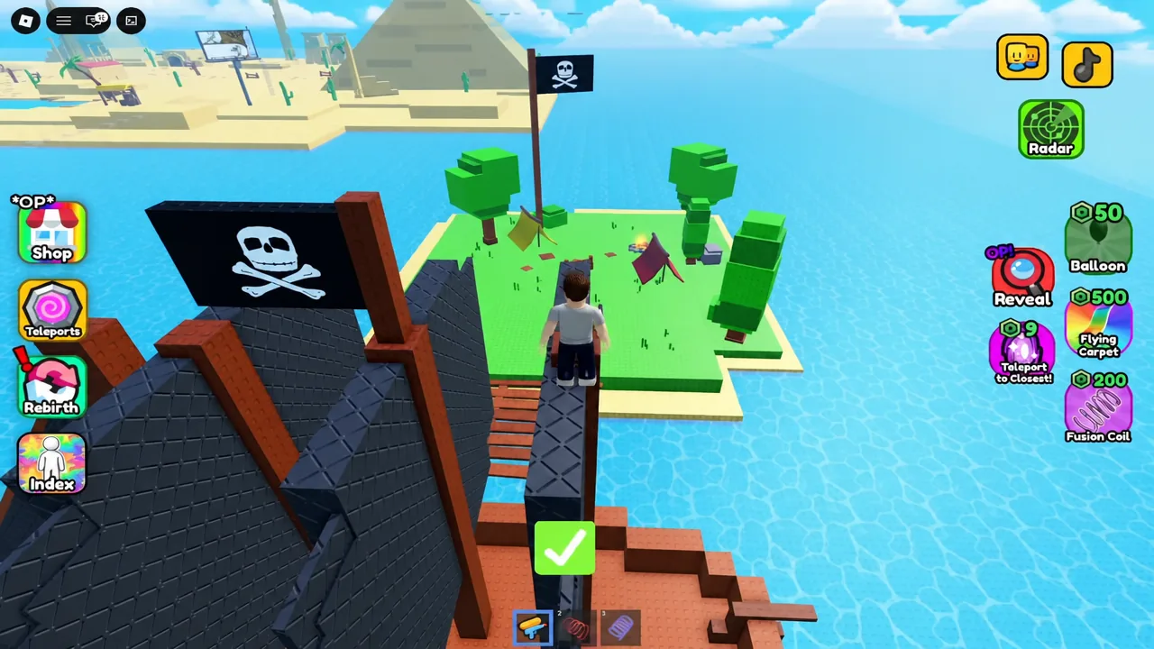 Green confirm button highlighted while the player crosses toward the pirate ship island