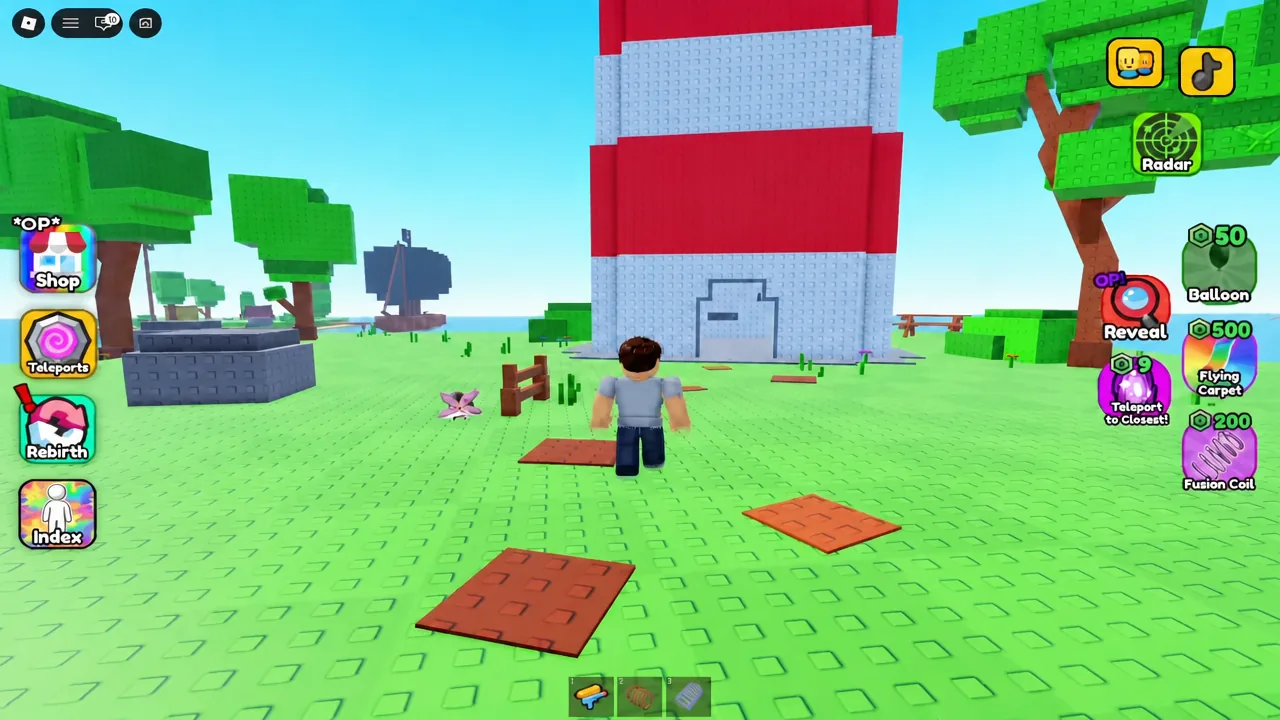 Player running toward the red-and-white lighthouse with the Shop button on screen