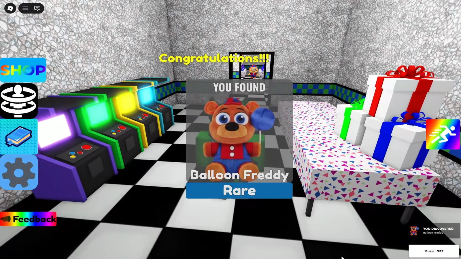 Congratulations You Found popup for the rare Balloon Freddy plushie in the arcade room