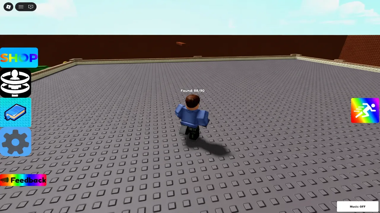 Avatar running along the map with the run button and a Found 88 of 90 counter on screen