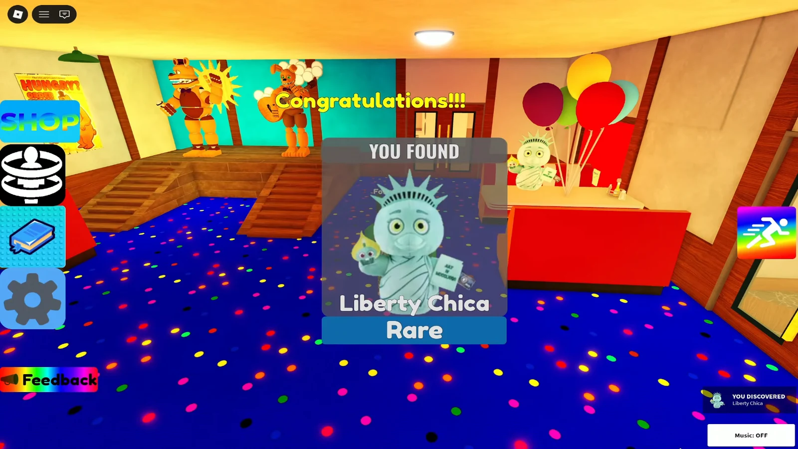 Congratulations popup confirming the rare Liberty Chica plushie was collected in the diner