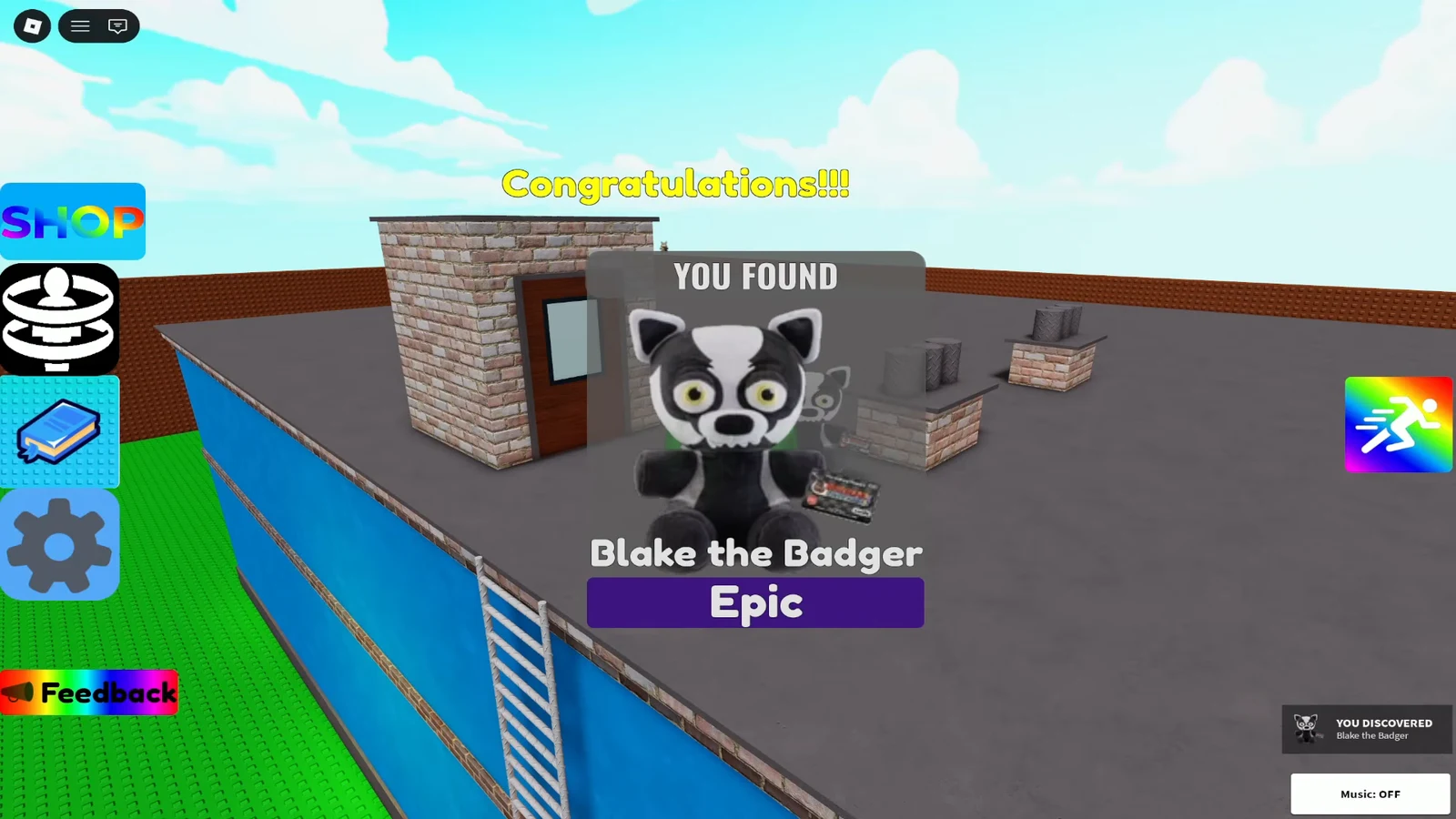 Discovery overlay showing Blake the Badger unlocked as an Epic plushie on the diner roof