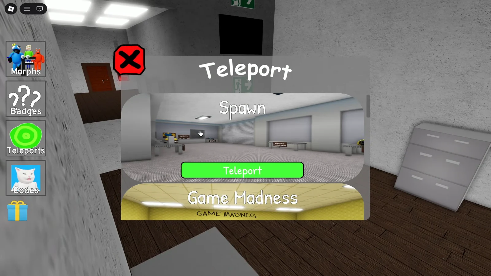 Teleport menu open with the Spawn destination highlighted and a green Teleport button